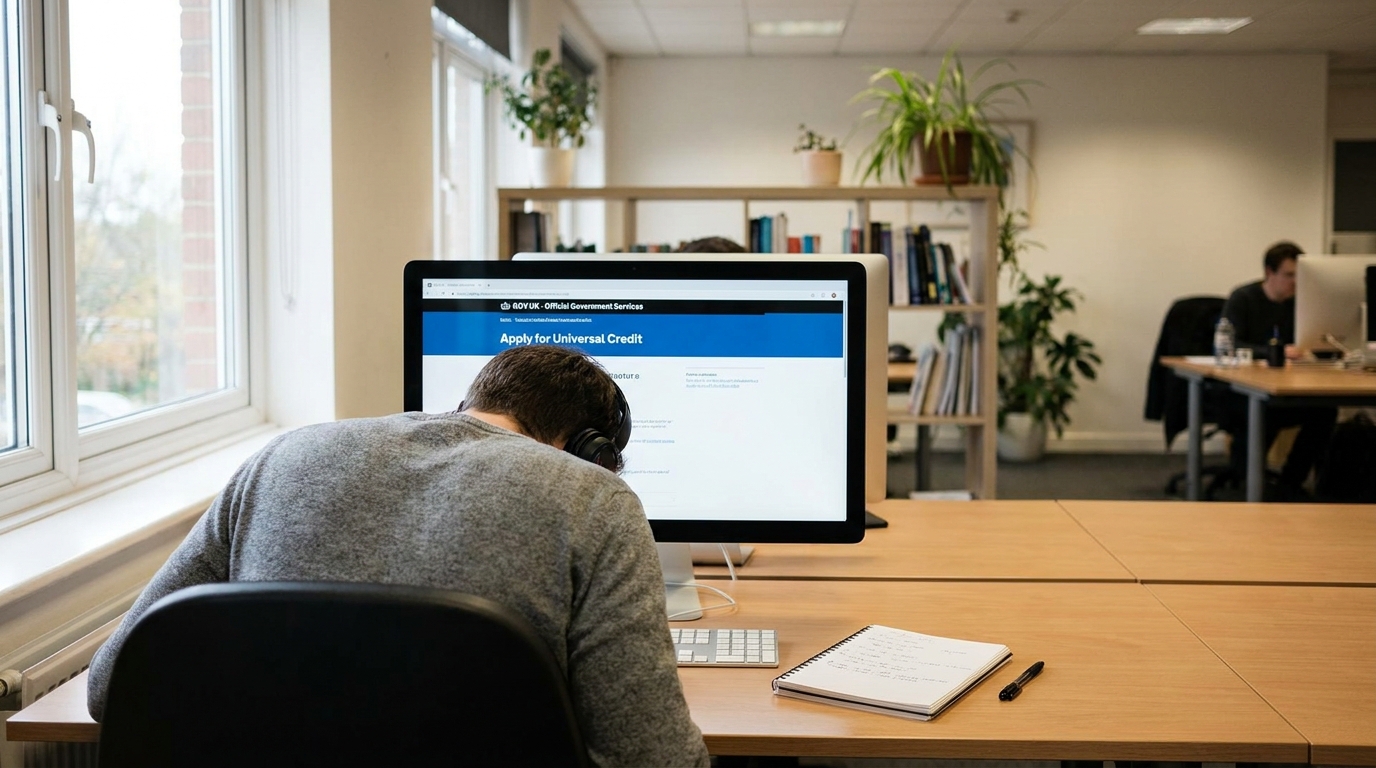 A person intently reviewing business search results on a computer screen, symbolizing due diligence.