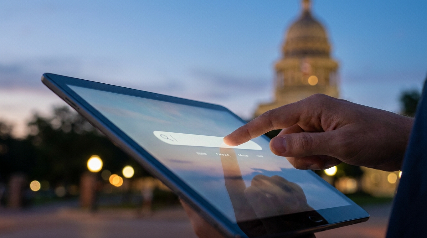 A person searching for business entities on a tablet, with the Texas State Capitol in the background, symbolizing official state records.