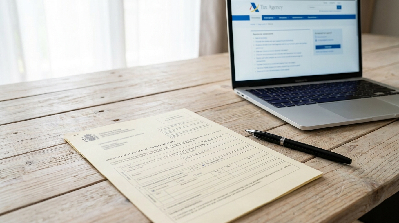 Government form for state tax ID application on a desk with a laptop displaying a tax website.
