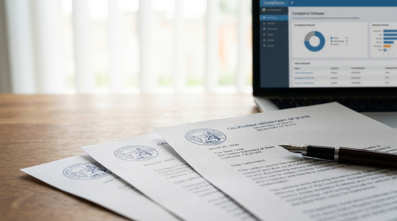 Official California Statement of Information documents with a pen and a laptop showing compliance software.