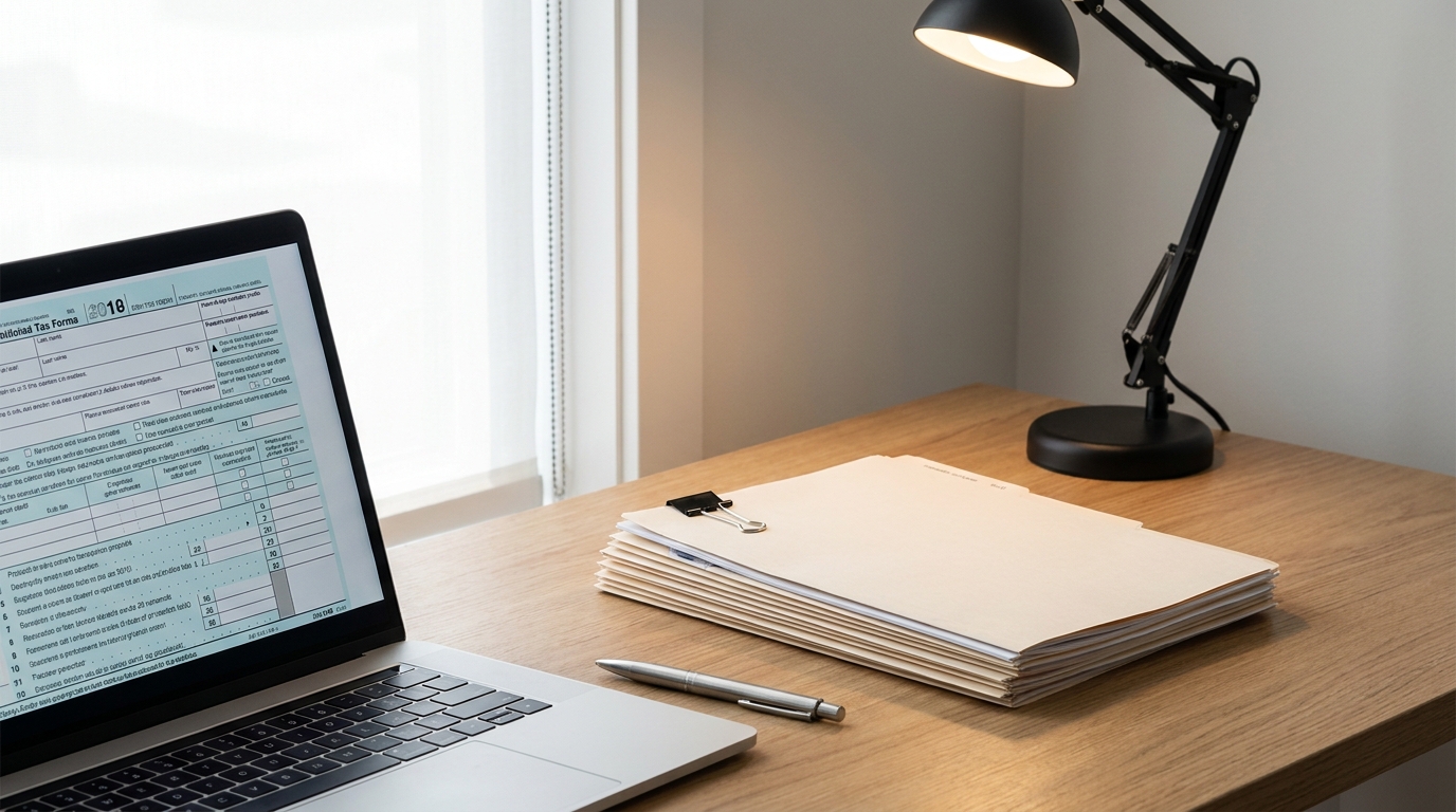 A clean desk setup with a laptop showing a tax form, organized business documents, and a pen, bathed in soft natural light.