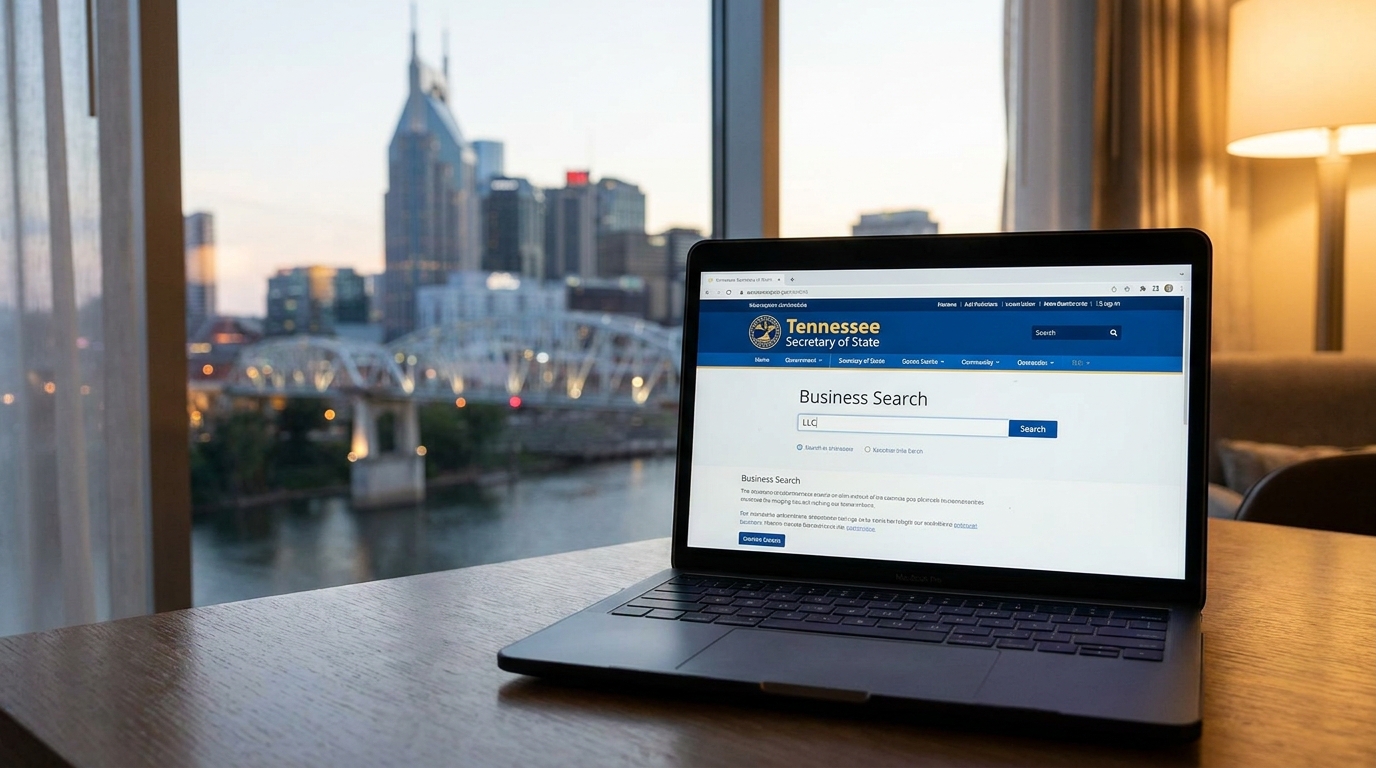 Laptop screen showing the Tennessee Secretary of State business search page with Nashville skyline in background.