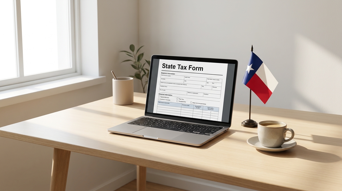 Laptop displaying a Texas tax form, a small Texas flag, and a coffee cup on a clean desk, symbolizing business compliance.