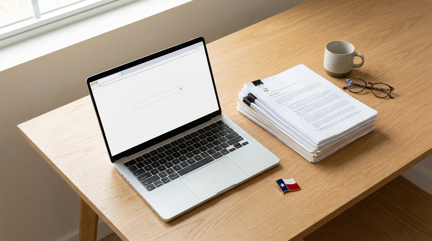 A clean desk setup with a laptop displaying a business search interface, a subtle Texas flag pin, and business documents, symbolizing official business verification.