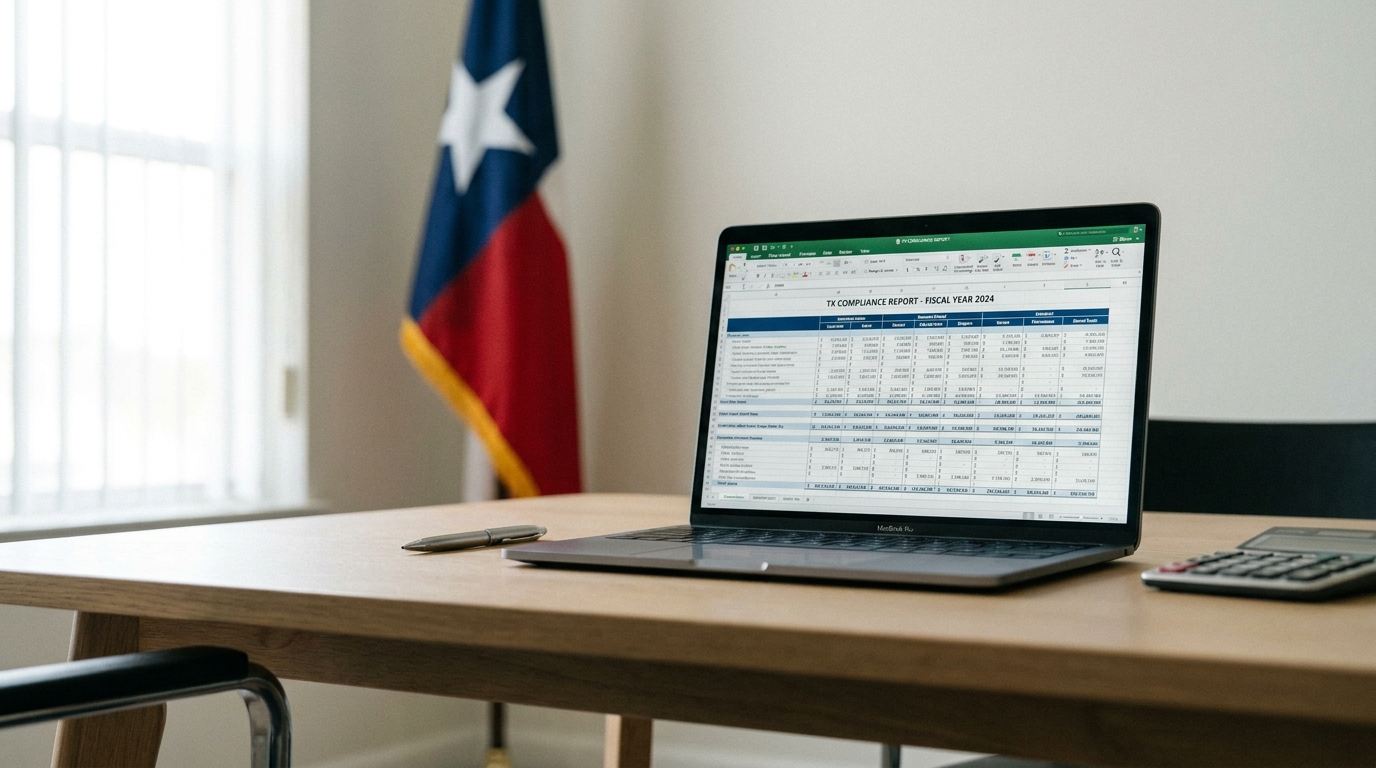 A desk with a laptop showing financial data, a Texas flag, and a calculator, symbolizing Texas business tax navigation.