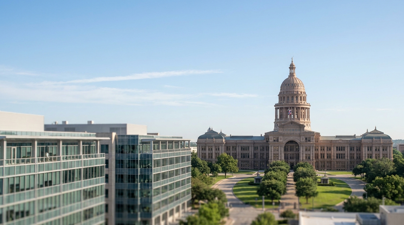 Exterior view of the Texas State Capitol building in Austin under a clear sky, with modern architecture subtly in the foreground.