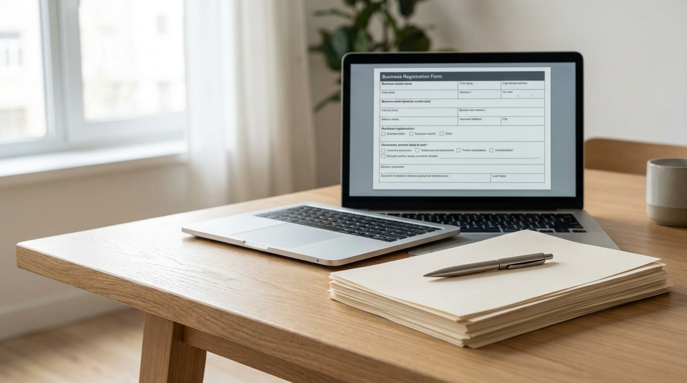 A clean desk with a laptop open to a business form, surrounded by organized documents, symbolizing efficient company formation.