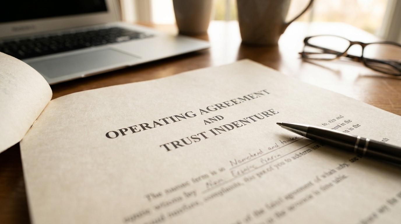 A close-up of an LLC operating agreement with a pen, indicating the legal complexities of trust ownership within an LLC.