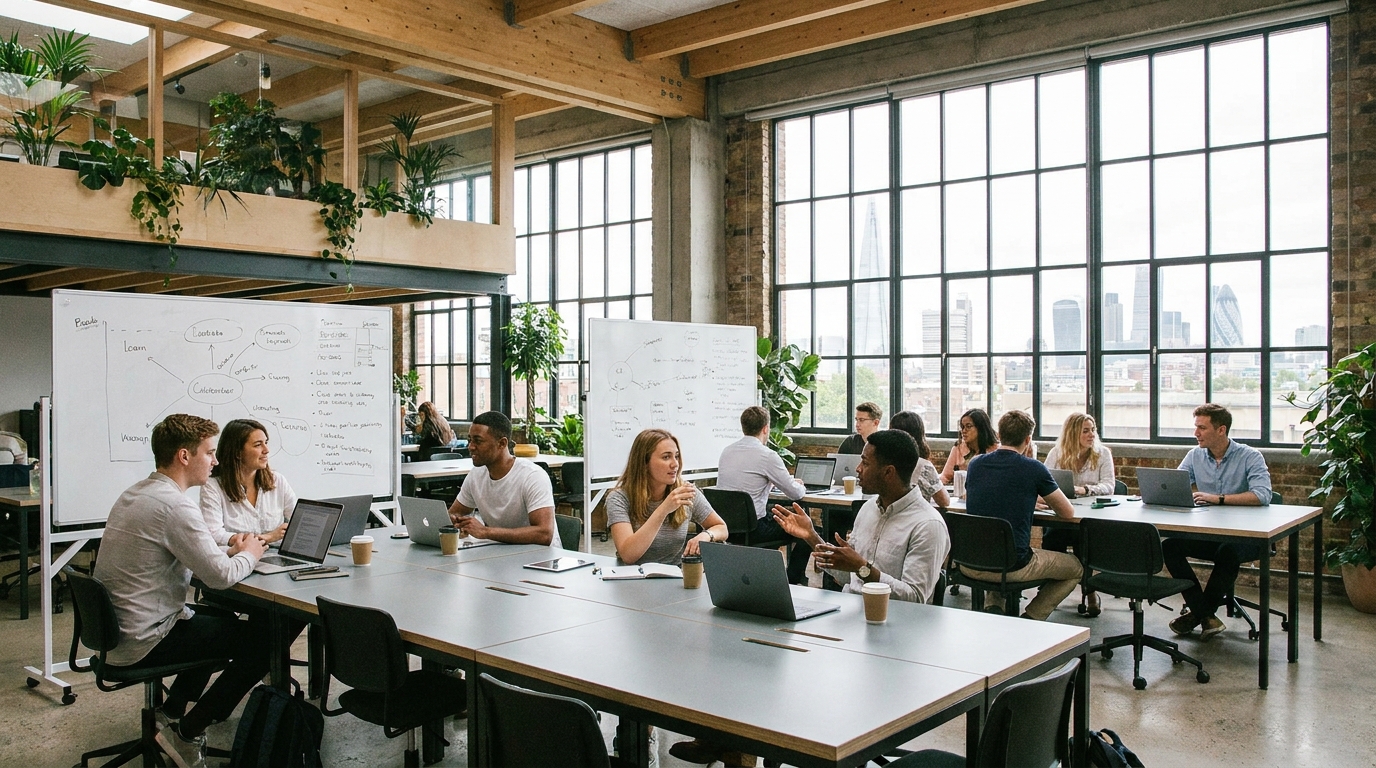 Professionals collaborating in a modern London co-working space, illustrating the vibrant UK startup ecosystem.