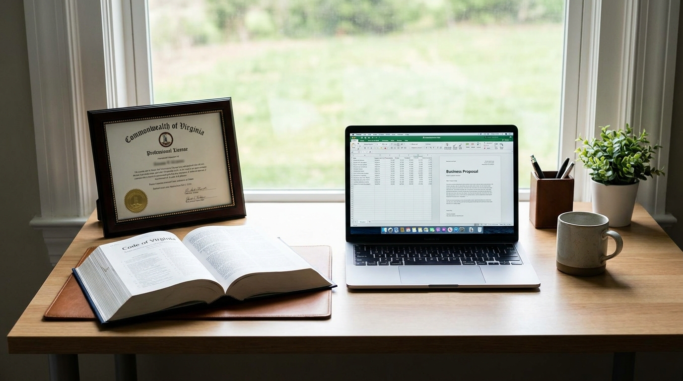 Desk with Virginia state code, professional license, and laptop, symbolizing professional business formation.