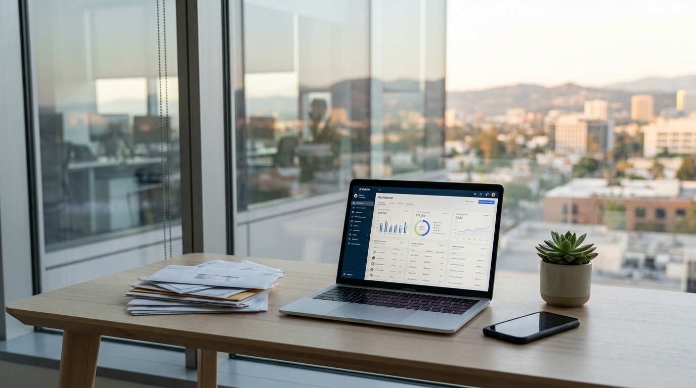 A clean desk setup with business mail, a laptop, and a smartphone, symbolizing a modern, remote business operation in California.