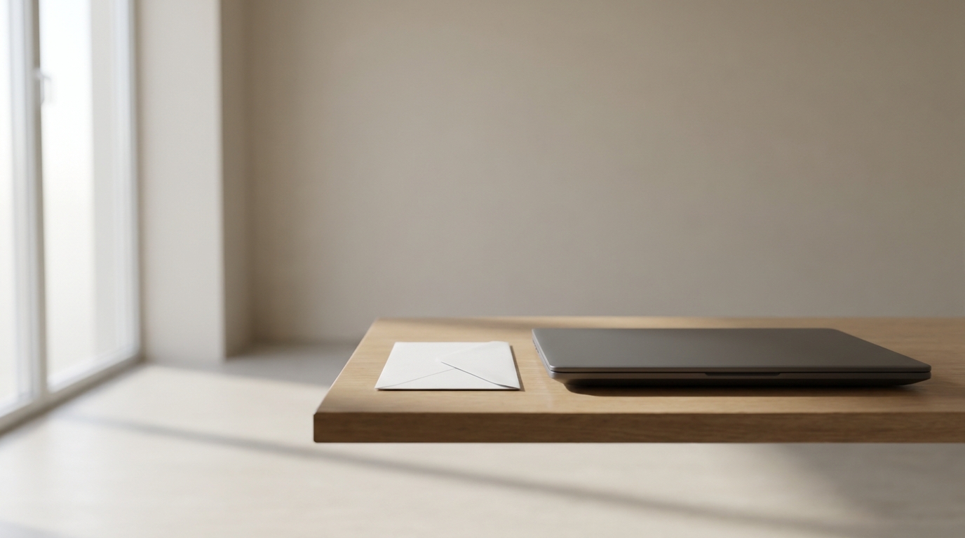 A white business envelope and a laptop on a clean desk, representing a virtual business address.