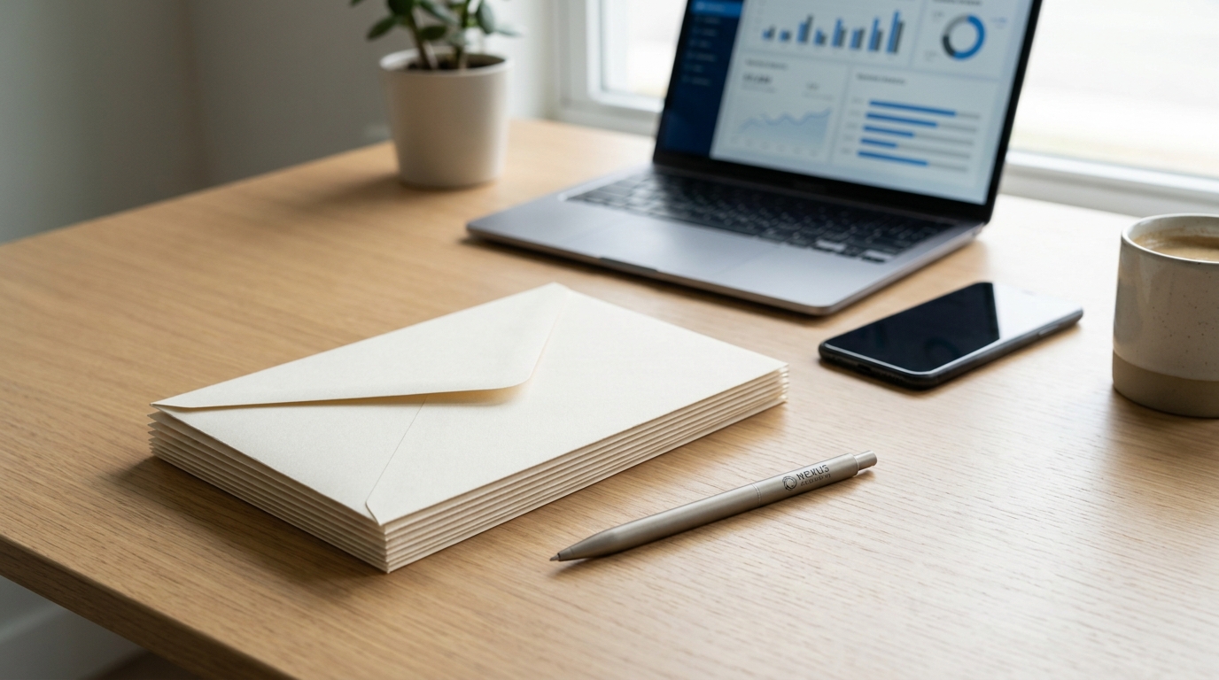 A stack of business envelopes on a clean, modern desk next to a laptop, symbolizing professional mail handling.