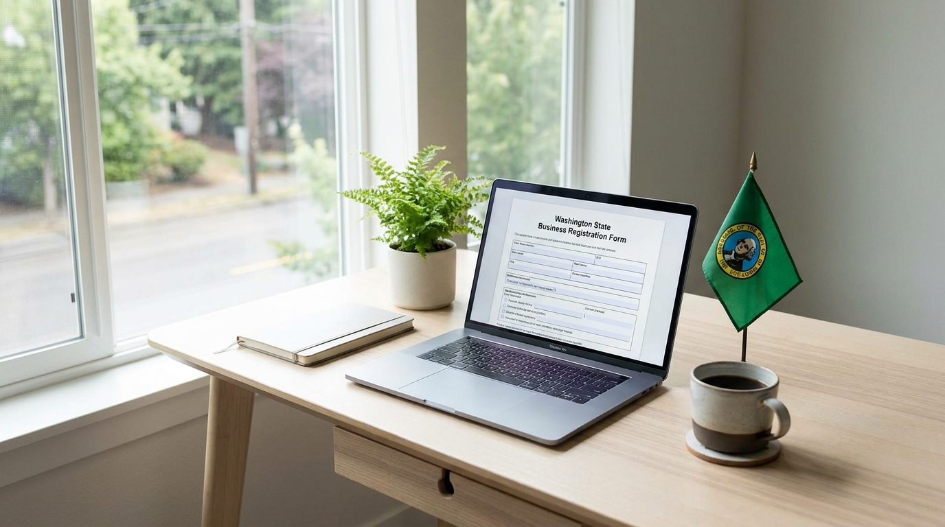 Laptop displaying a Washington State business registration form, a small Washington State flag, and a coffee cup on a modern desk.