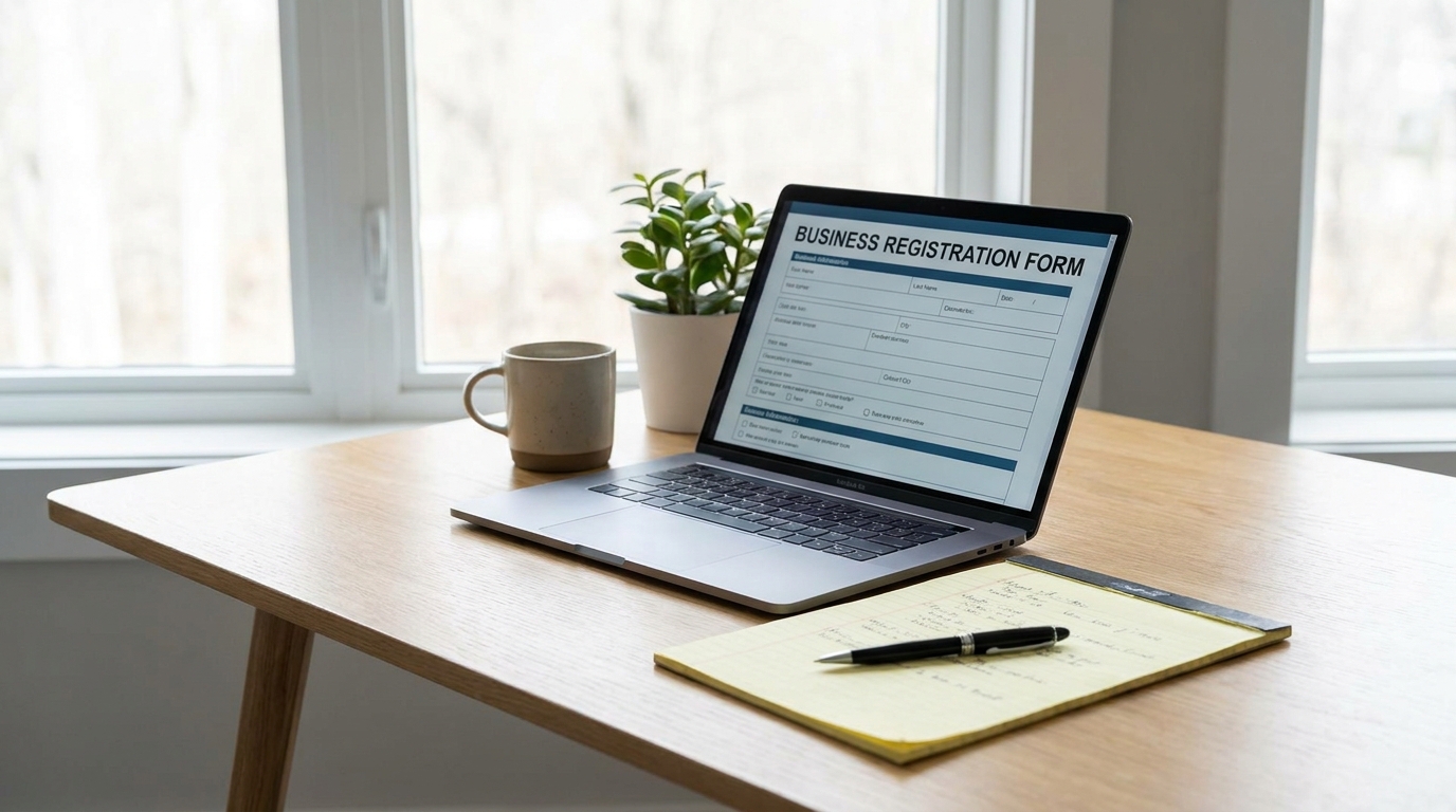 A desk with a laptop open to an EIN application form, a pen, and notes, symbolizing the process of obtaining a federal tax ID.