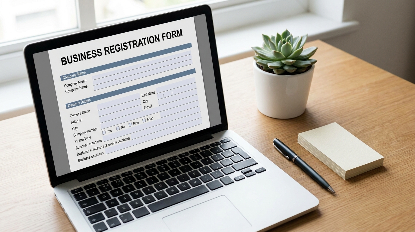 A laptop on a desk displaying an online business registration form, symbolizing the process of obtaining an EIN.