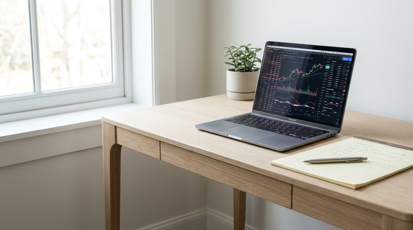 A clean desk with a laptop showing financial graphs, a notebook, and a pen, representing sophisticated investment management.
