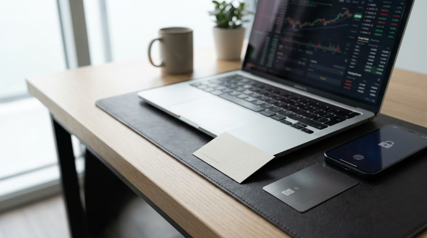 A modern desk with a laptop showing financial data, a business bank card, and a smartphone, symbolizing efficient business banking.