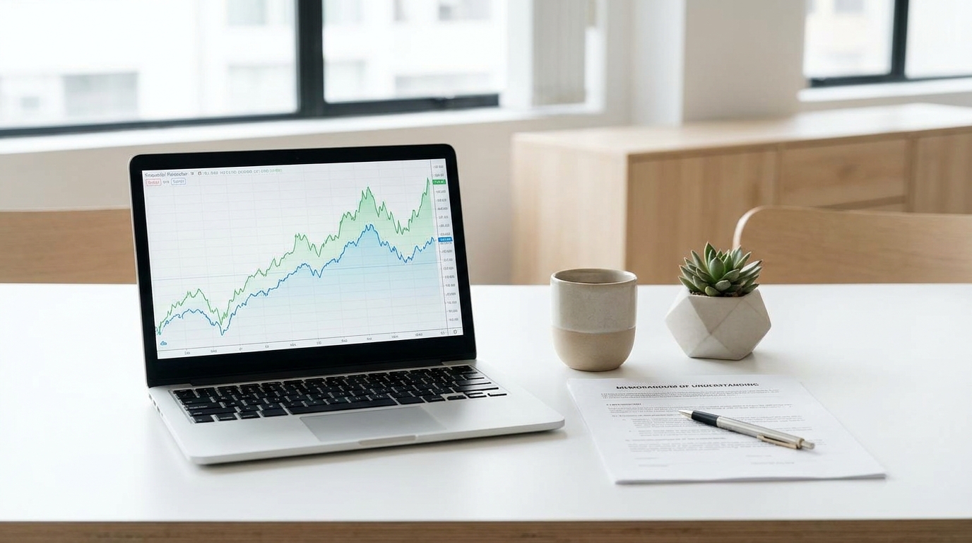 A clean desk with a laptop showing financial data, legal papers, and a coffee cup, symbolizing business strategy and corporate formation.