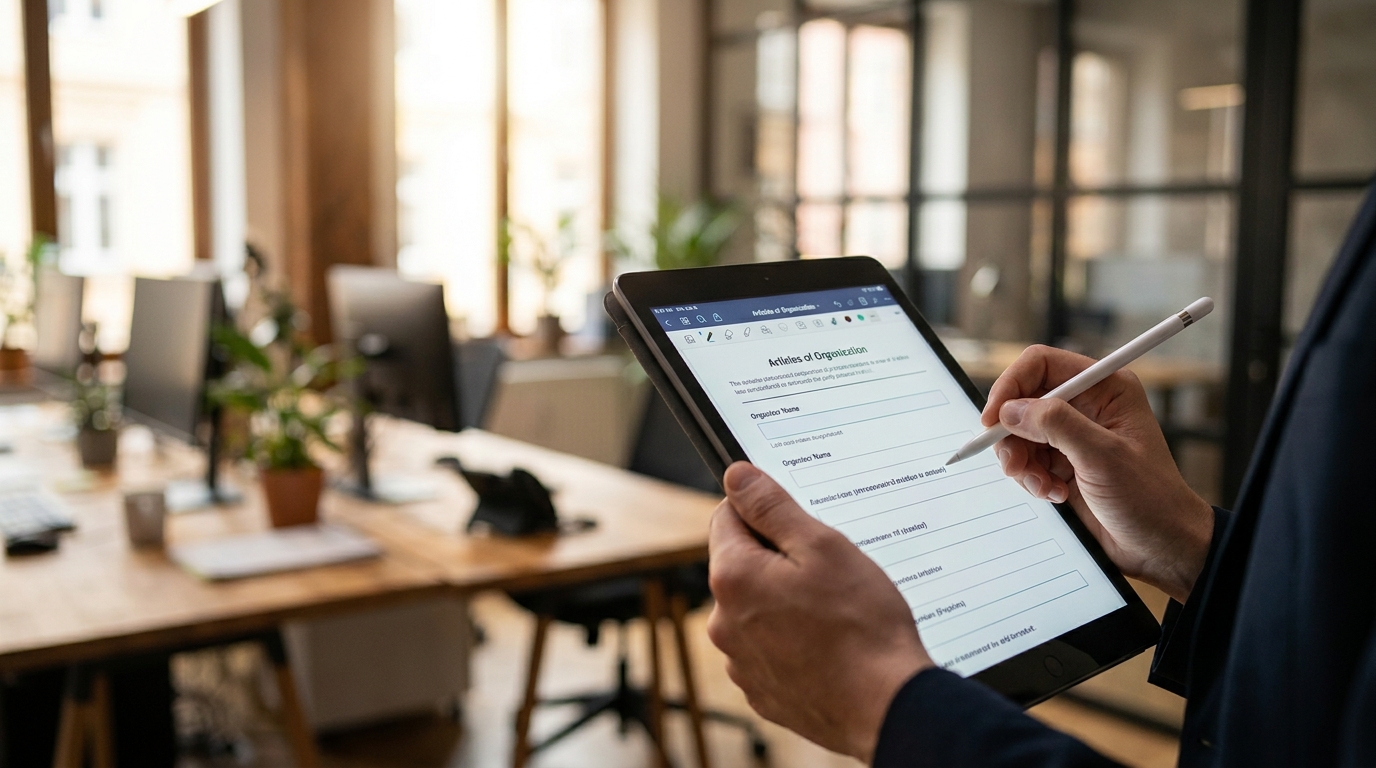 Hands reviewing digital LLC formation documents on a tablet, with a focus on the organizer's role.