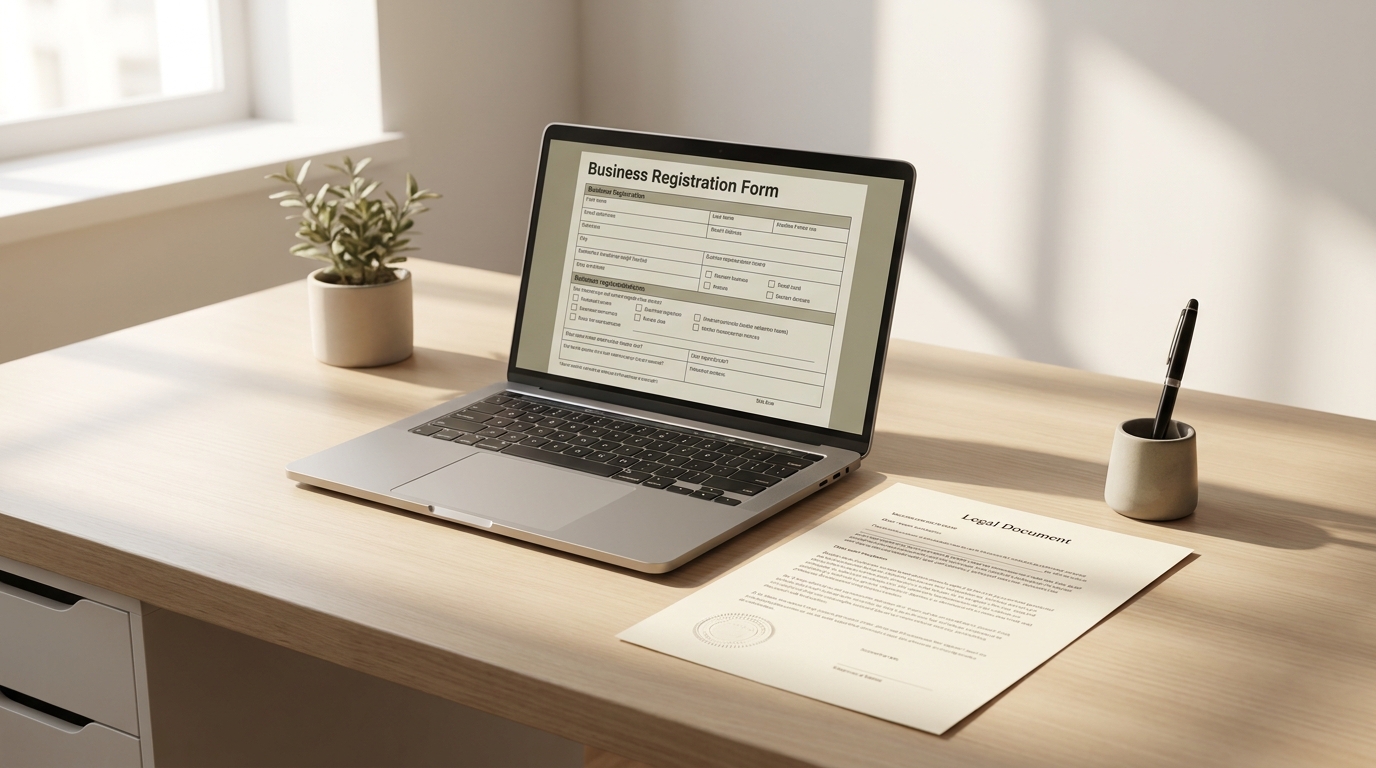 Overhead view of a laptop displaying a business registration form, legal documents, and a pen on a clean desk, symbolizing the incorporation process.