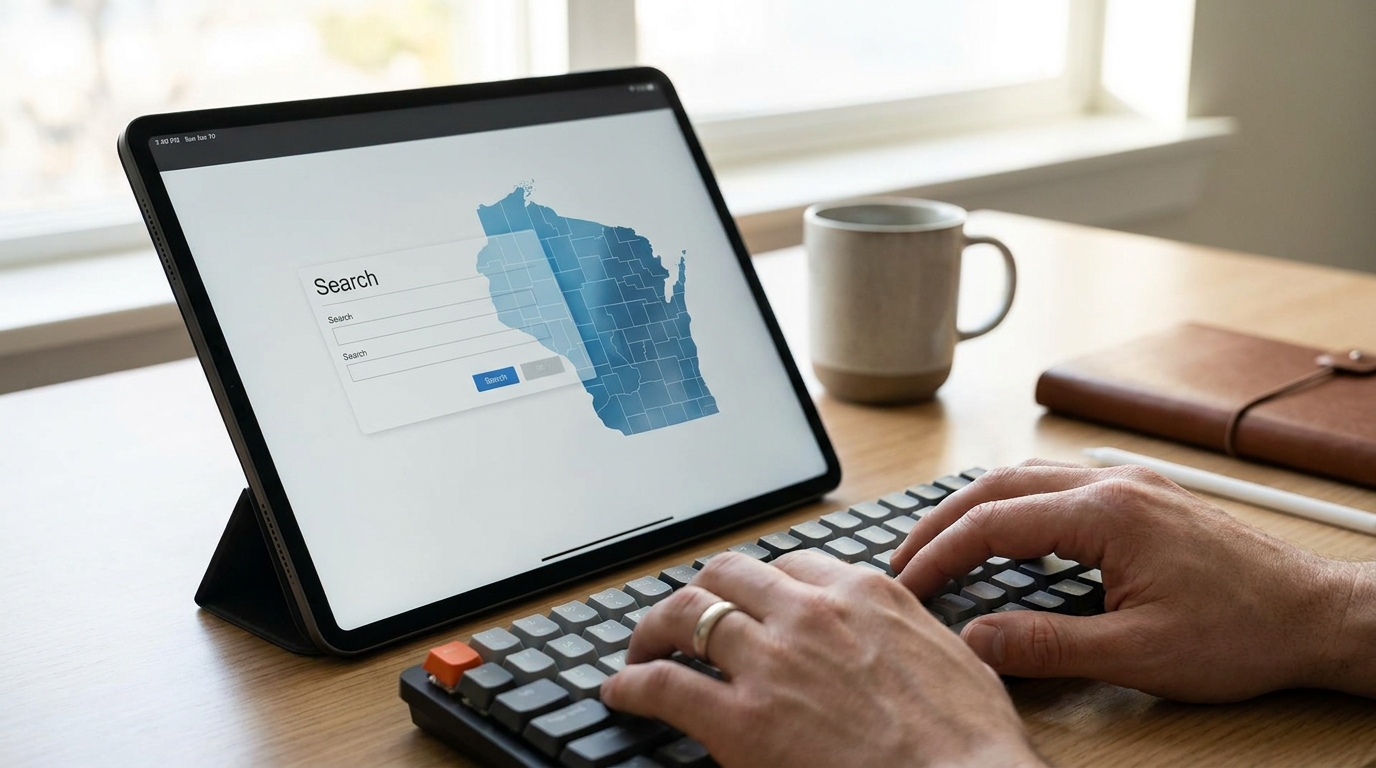 A person using a tablet to perform a Wisconsin LLC lookup on the DFI website, with a blurred map of Wisconsin in the background, symbolizing state business registration.