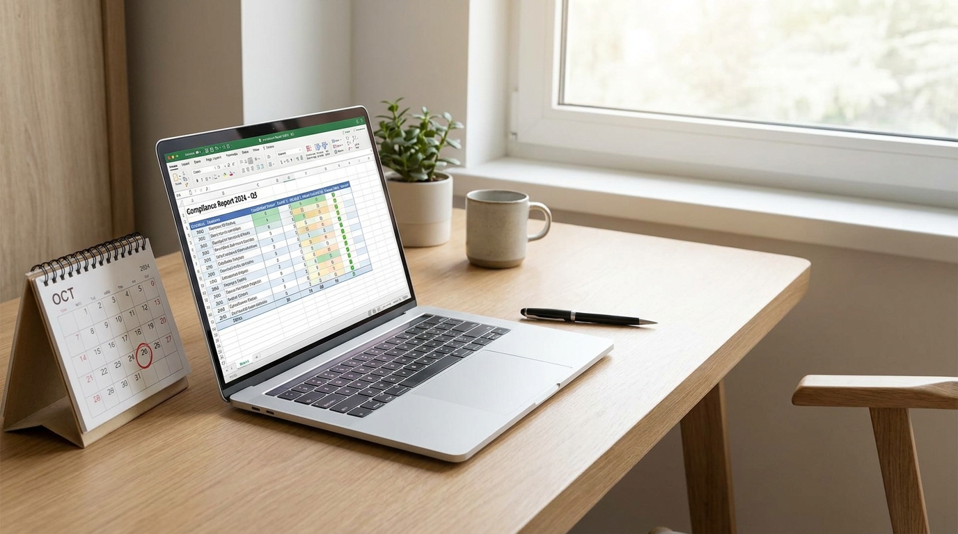 A desk with a laptop showing a business form, a pen, and a calendar, highlighting the importance of meeting deadlines for business compliance.