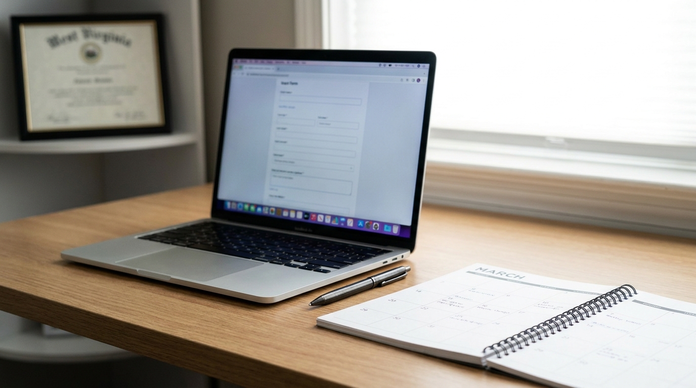 A desk with a laptop showing a compliance form, a pen, and a calendar, symbolizing business administration and deadlines in West Virginia.