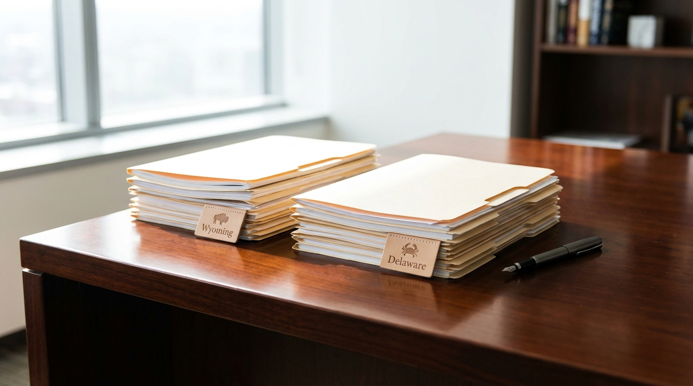 Side-by-side stacks of legal documents for Wyoming and Delaware LLCs on a desk, representing a comparative analysis.