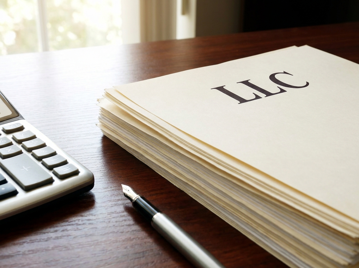 A legal document for an LLC formation, with a pen and a calculator, signifying business entity selection.