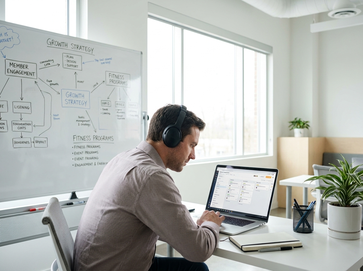 A consultant using project management software on a laptop, surrounded by fitness-related notes and a whiteboard with strategic plans.
