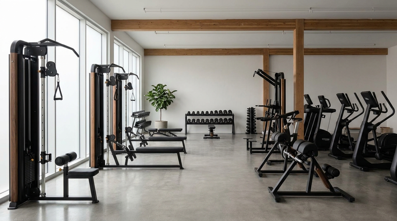 Bright and clean interior of a modern fitness studio, ready for clients, with sleek exercise equipment.