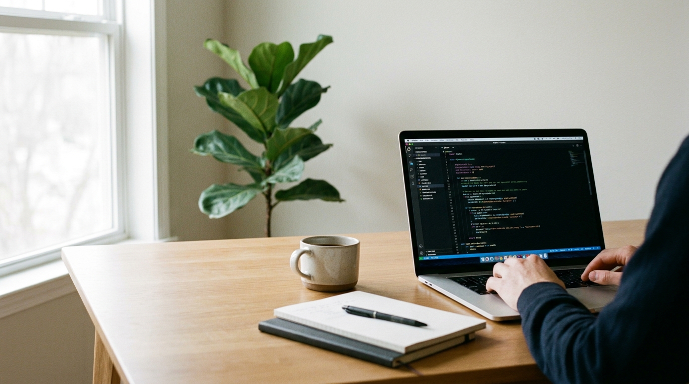 A clean, modern desk setup with a laptop open to code, a cup of coffee, and a plant in soft natural light, symbolizing a freelance web development business.