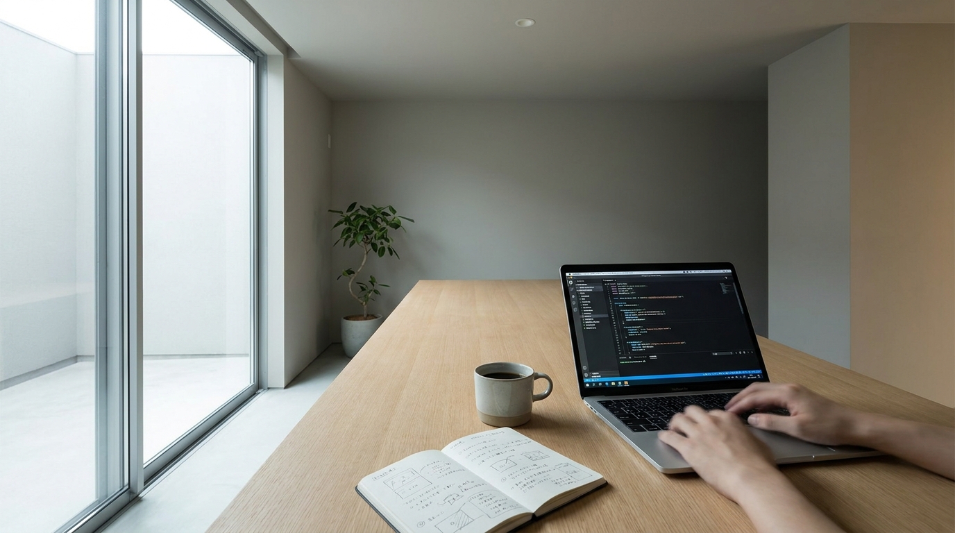 A clean, modern desk setup with a laptop showing code, a coffee mug, and a notebook, symbolizing the early stages of a tech startup.