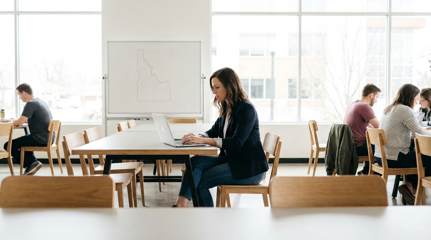 A first-time founder in Boise, Idaho, working diligently on a laptop in a modern co-working space, with a map of Idaho subtly in the background.