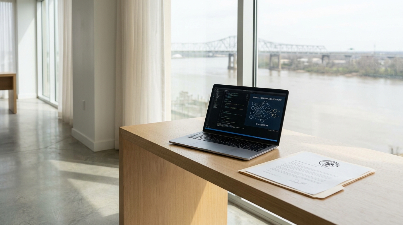 A laptop displaying AI code and legal documents with a Louisiana state seal on a modern desk, overlooking the Mississippi River.