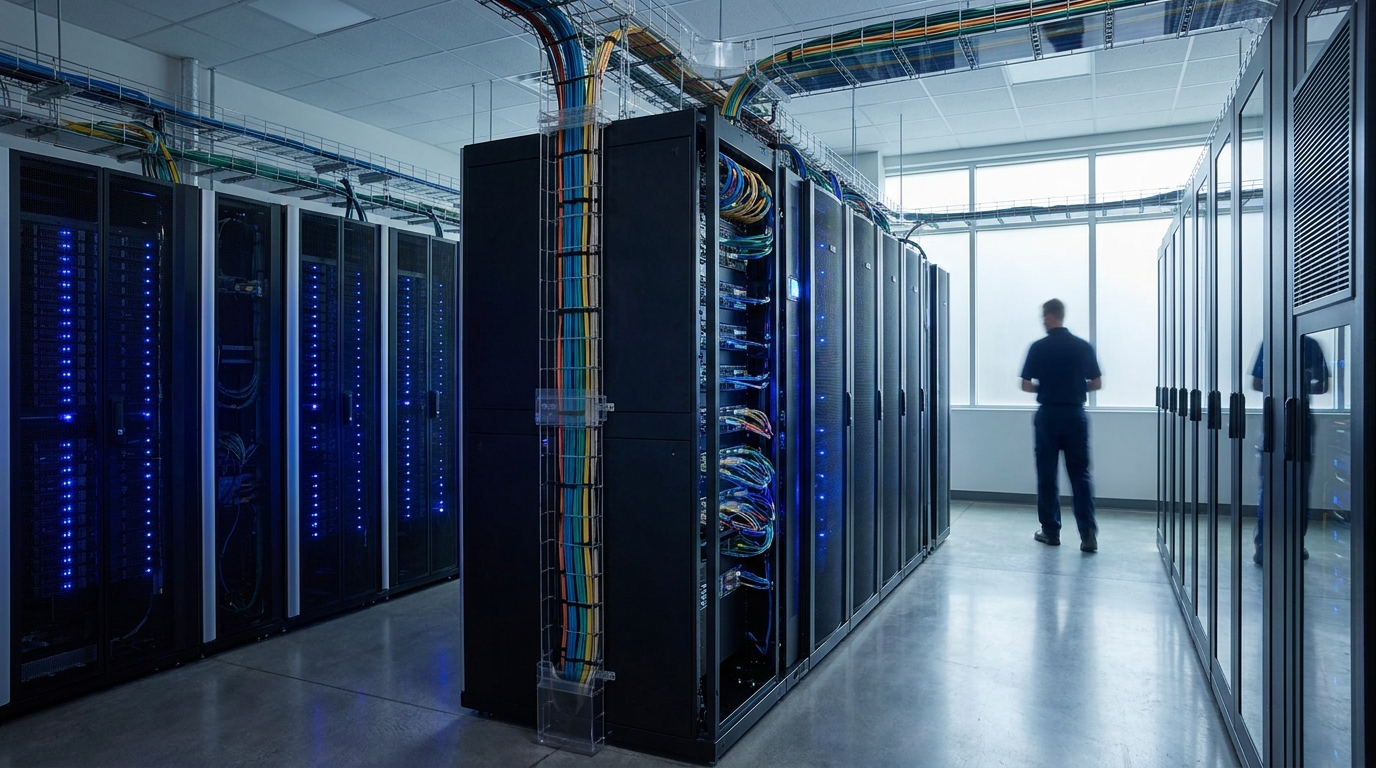 Server racks in a data center, symbolizing secure digital infrastructure for crypto businesses in Wyoming.