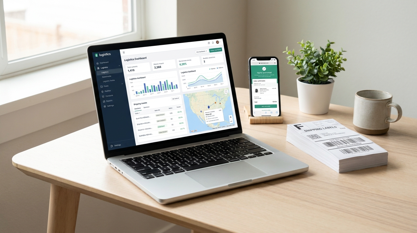 A laptop showing a dropshipping order dashboard, a smartphone, and shipping labels on a clean desk.