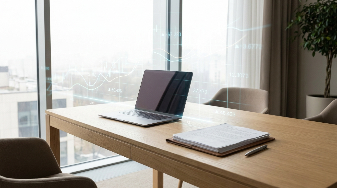 A clean, modern office desk with a laptop displaying financial data, representing a fintech startup's workspace in Kansas.