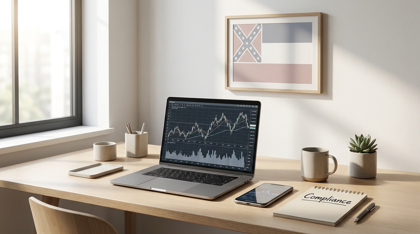 A desk with a laptop showing fintech data, a notepad, and a subtle Mississippi state flag, representing compliance for fintech startups.