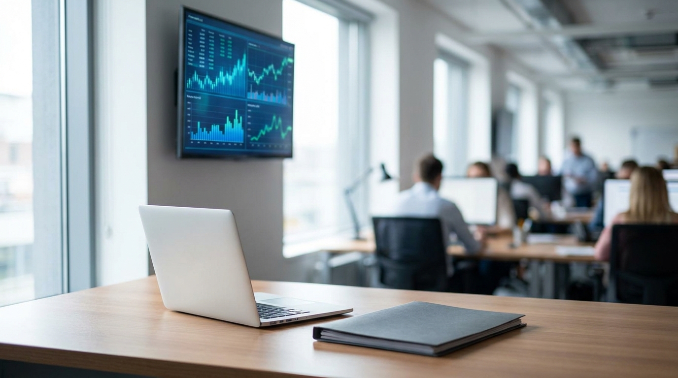 A modern desk with a laptop displaying financial charts and a compliance folder, symbolizing fintech regulatory adherence in Nevada.
