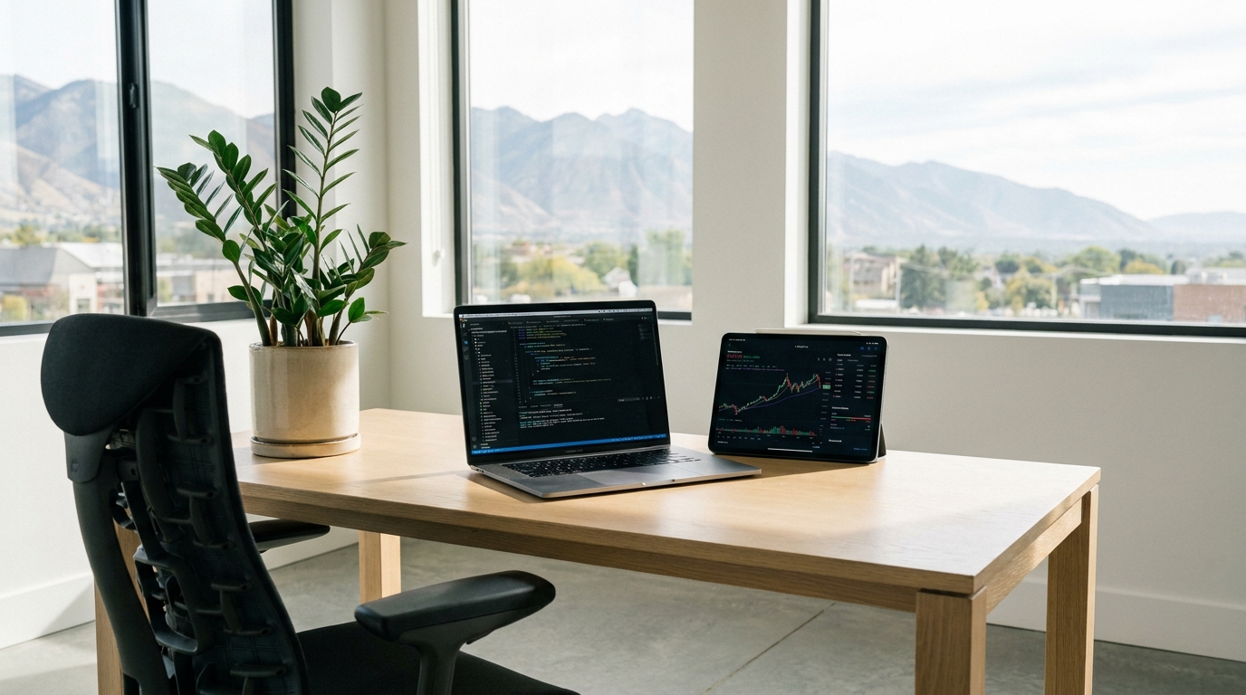 Modern office desk with a laptop displaying code and a tablet showing financial data, set against a backdrop of Utah's mountains, symbolizing fintech innovation and regulatory compliance.