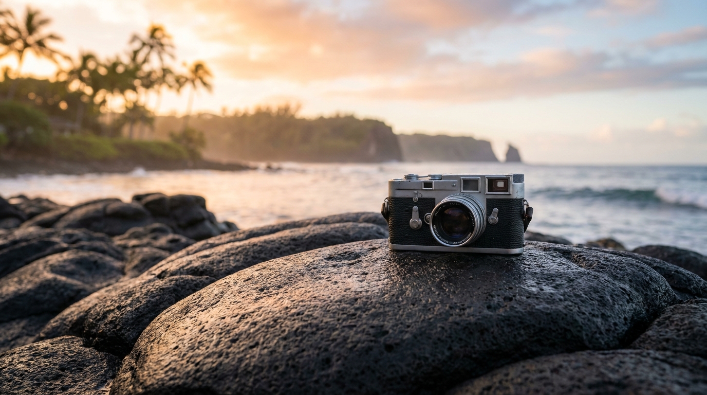 A vintage film camera on a volcanic rock with a blurred Hawaiian coastline in the background, symbolizing the intersection of art and business in Hawaii.