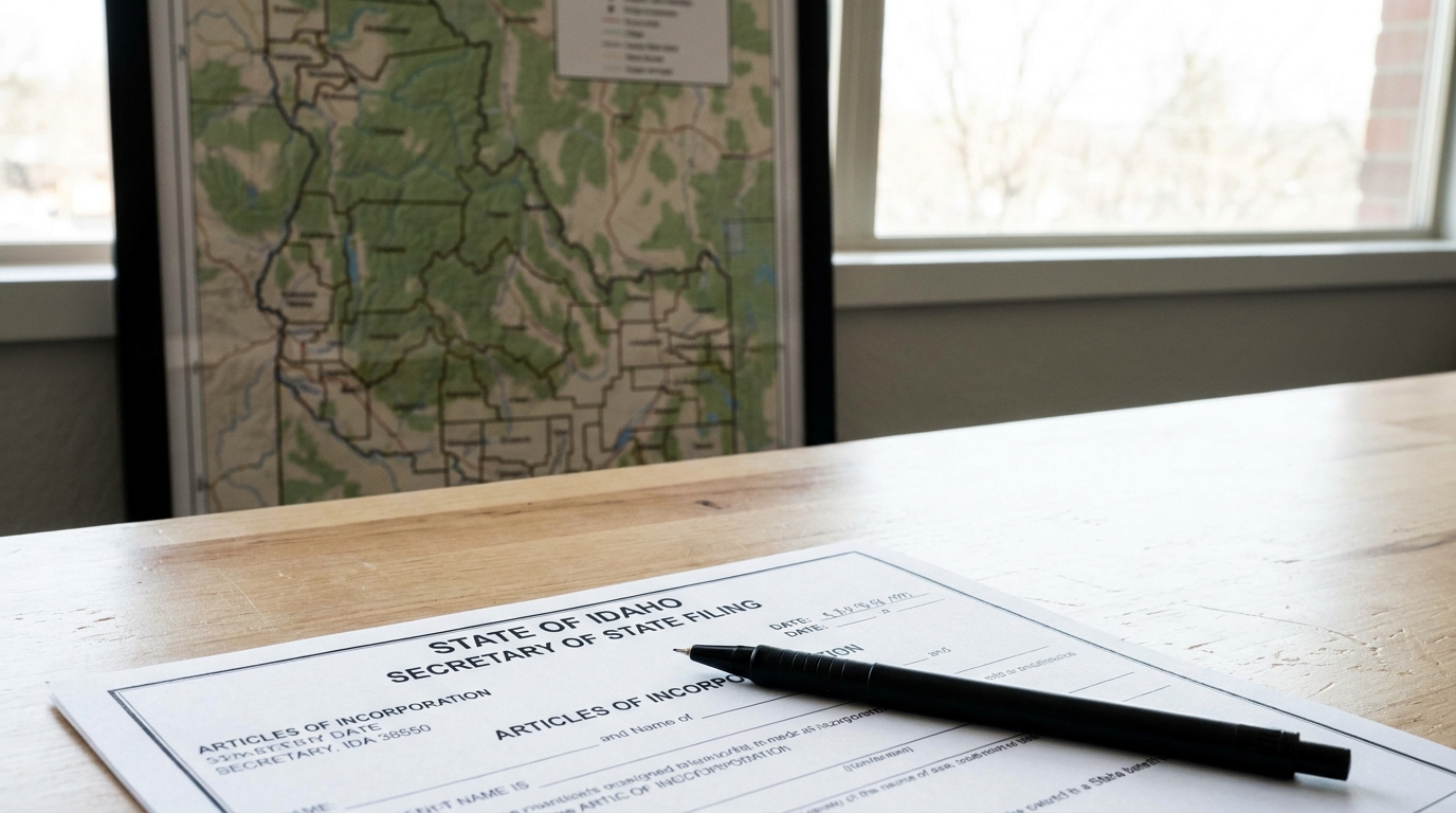 Close-up of official Idaho legal documents and a pen on a desk, with a subtle map of Idaho in the background.