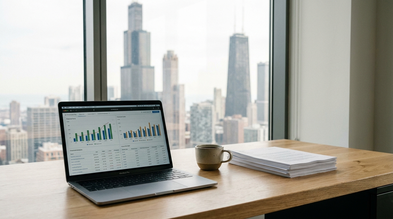 A business desk with a laptop showing financial data, coffee, and documents, set against a blurred Chicago skyline.