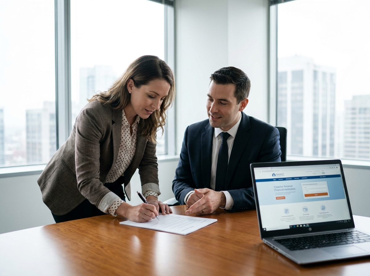 A founder signing bank documents with a bank representative, illustrating the in-person application process for a business account.