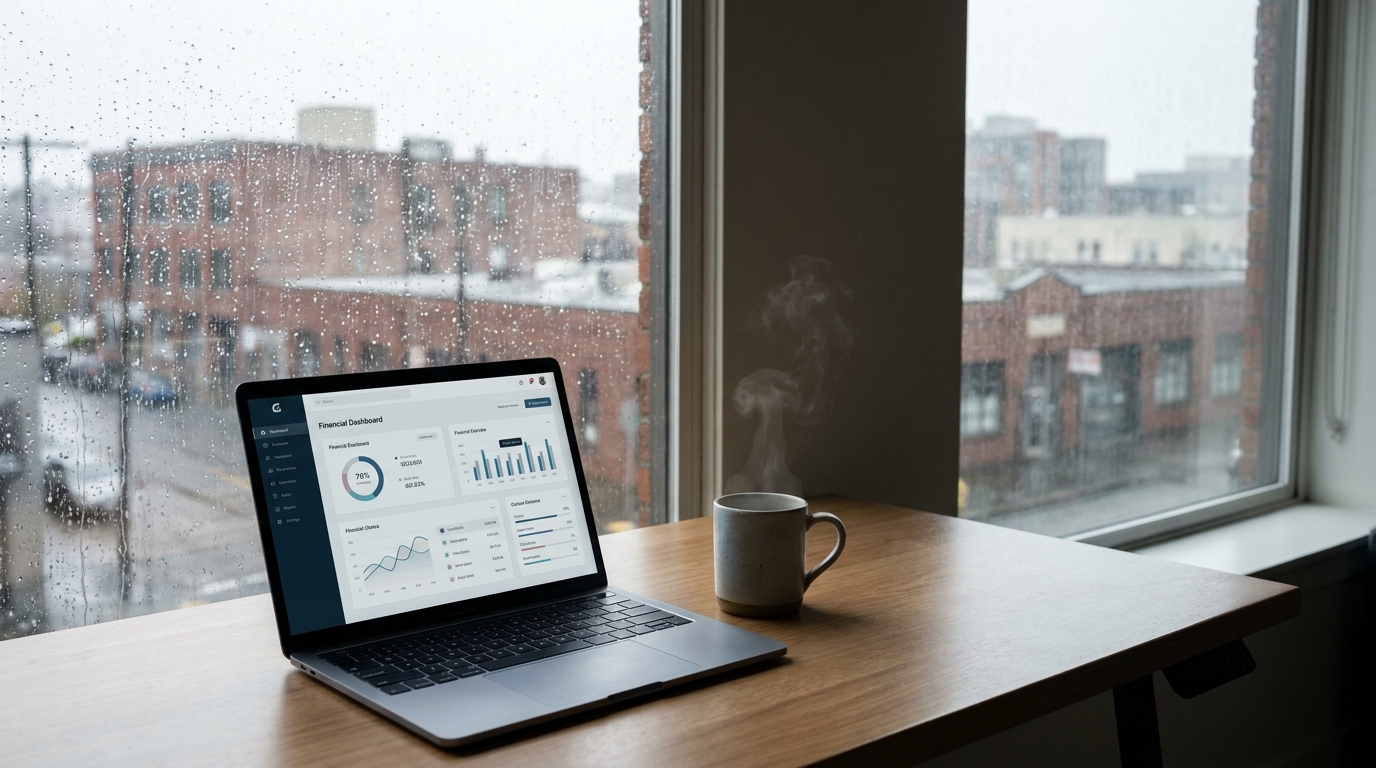 A laptop on a desk showing a business banking interface with a Portland skyline outside a window, symbolizing financial management in the city.