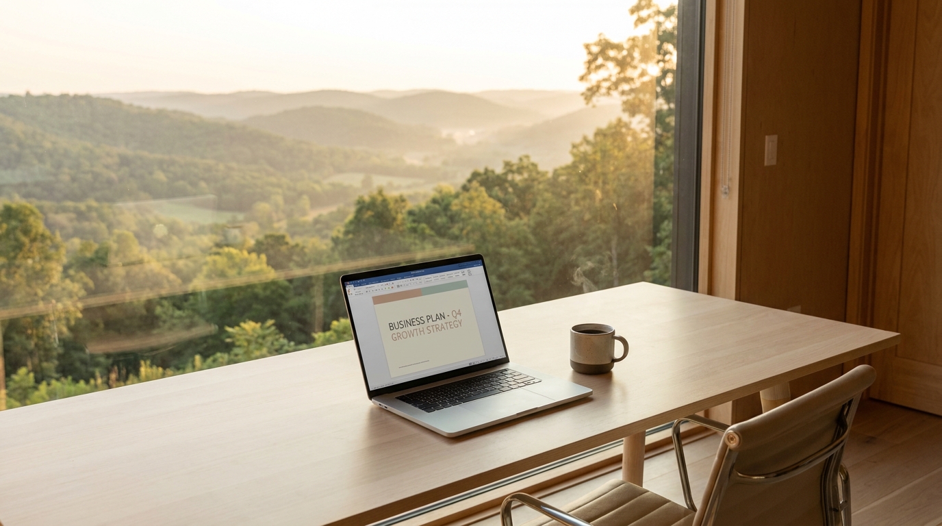 A tranquil office with a laptop displaying a business plan, overlooking the Ozark mountains at sunrise, symbolizing new beginnings in Arkansas.