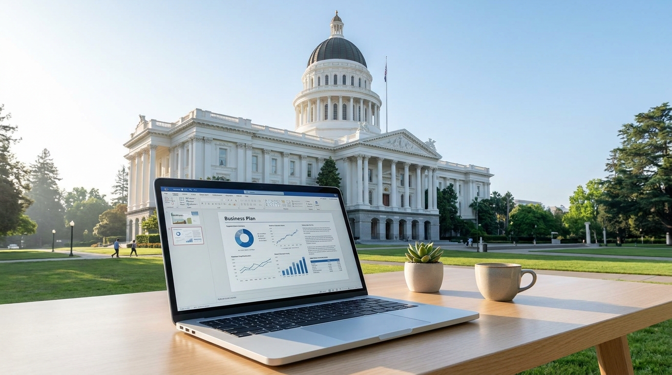 California State Capitol building with an open laptop displaying business documents in the foreground.