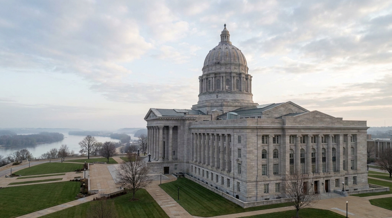 The Missouri State Capitol building in Jefferson City at dawn, with the Missouri River visible in the background.